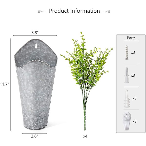 2-pack galvaniserade metallväggkrukor med konstgjord eukalyptus i bondgårdsstil, hängande väggvaser, blomkrukor, blomhållare för lantlig rustik heminredning