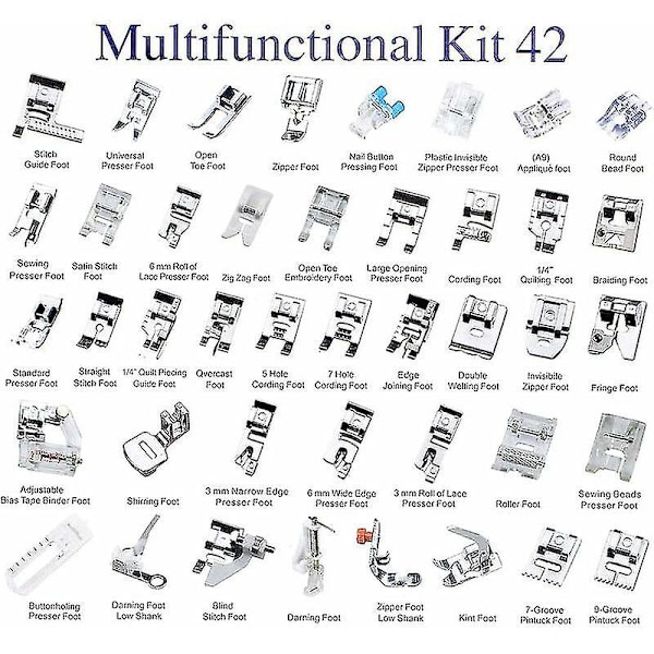 42-delars symaskinpressarfotset Hemsymaskin Multifunktion Pressarfotset Kombination Sytillbehör Lämplig för de flesta modeller av symaskiner