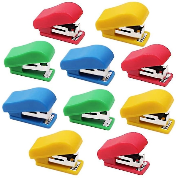 10 sett mini kontor stiftemaskin med 10# stifter, liten hånd stiftemaskin bærbar skrivebord stiftemaskin student stiftemaskin tilfeldig farge
