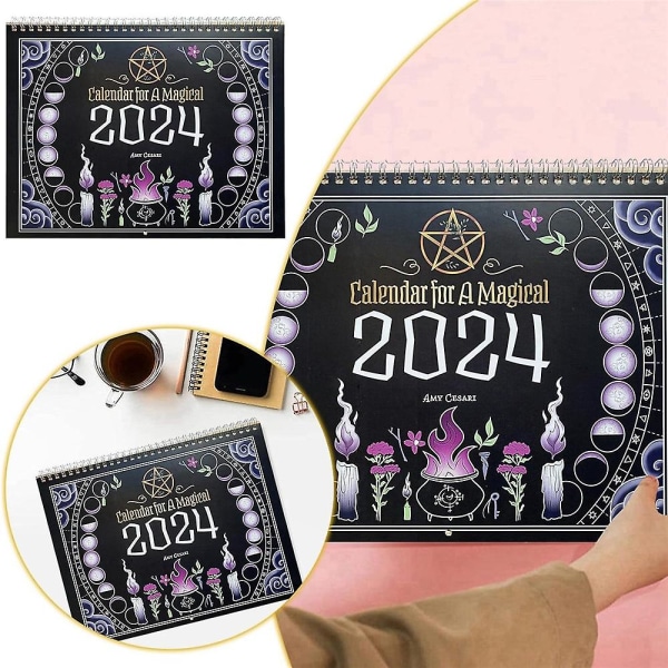 Witchcraft Magical Calendar 2024 12 måneders årets hjul Månefase vægkalender Månedlig ugentlig daglig tid