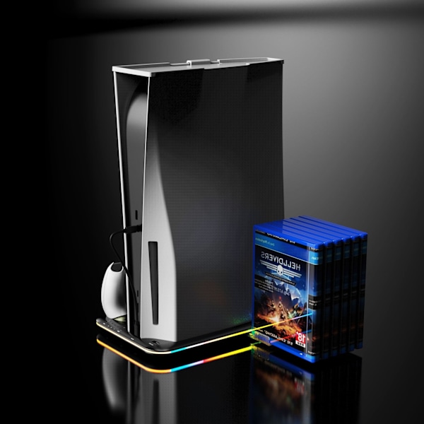 PS5 spillkonsoll ladestasjon med RGB-belysning, ladestativ for spillkontrollere, hodetelefoner og spillskiveoppbevaring