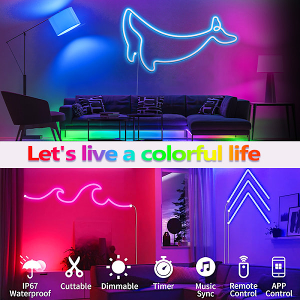 LED Neonlys med silikone, fleksibel DIY-form, RGB lysstrimler, graffiti, Bluetooth-opkobling, USB, spil, dekorativ atmosfærelys