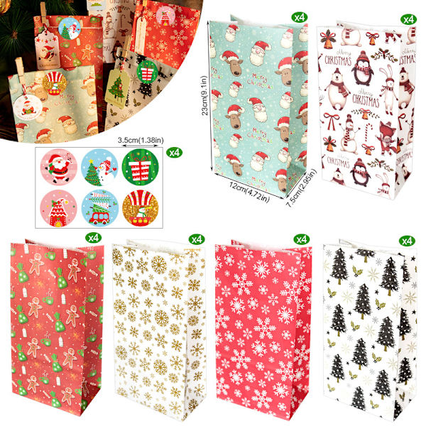 Julklappsinpackningspapperpåse Målad Jultomte Godispåse Adventskalender Kraftpapper Förpackningsväska 48 Set