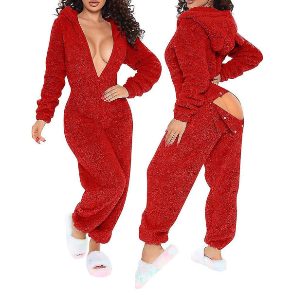 Jumpsuit med 3d öronknäppning Huva Hemmakläder Pyjamas Hög midja klaff Funktionella Fluffy Lounge Jumpsuits Overall Enfärgad