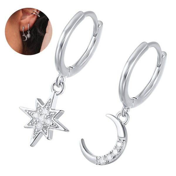 Dangle Small Hoop Örhängen För Kvinnor Flickor Sterling Silver Med Berlocker Kristall Asymmetrisk Snowflake Crescent