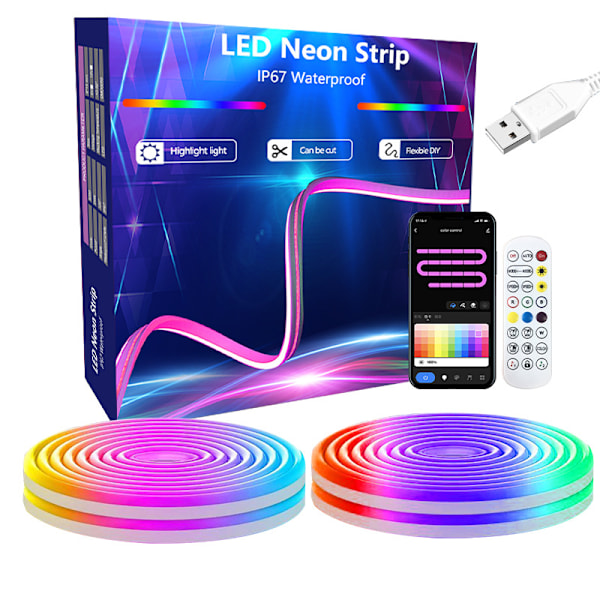 LED-neonljus i silikon, flexibelt, DIY-form, RGB-ljusremsa, graffiti, Bluetooth-upphämtning, USB-spel, dekorativ atmosfärsbelysning