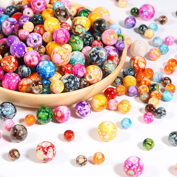 Akrylblomsterperler som imiterer keramiske mønstereffektperler runde rette hull løse perler diy smykker håndlagde