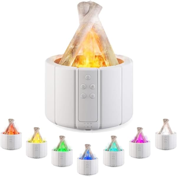 Flammefukter og Aroma Diffuser | Ultra Eterisk Olje Diffuser med Simulert Bålbluss Flammeeffekt Lys for Soverom, Hjem, Kontor White