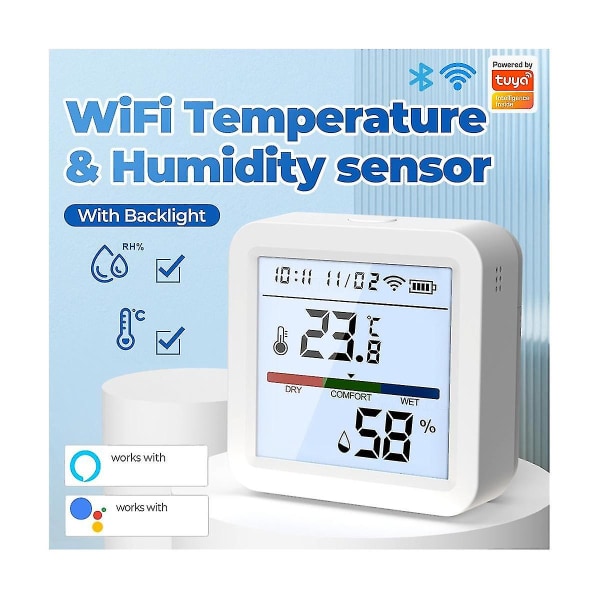 Smart Wifi temperatur- og fugtighedssensor, tuya indendørs hygrometer termometer med lcd-skærm tilbage