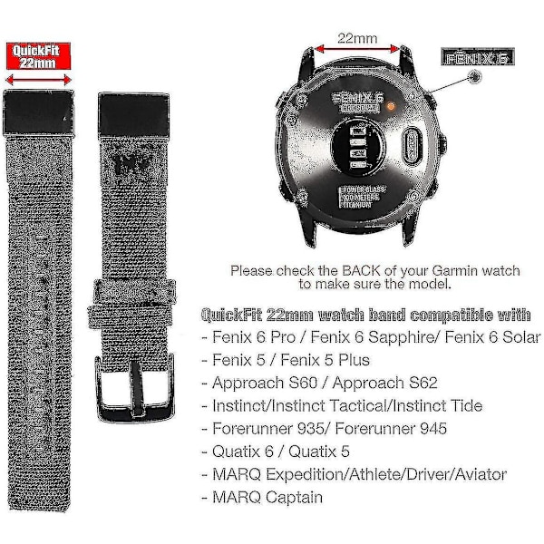 22 mm nailonhihna, sopii Garmin Fenix 5/ Fenix 6 (musta)-mxbc