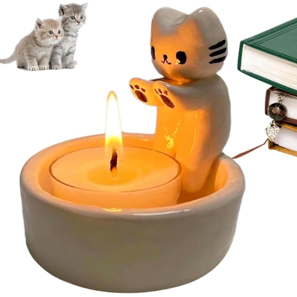 Tecknad Katt Ljusstake, Söt Katt, Handgjord Keramisk Ljusstake, Kitty Värmer Tassarna Söt Doftljushållare, Kattälskare Val Dekor, Vit