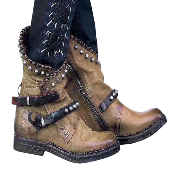 Kvinder Punk Biker Studded Mid Calf Støvler Uregelmæssig lav blokhæl gotiske sko