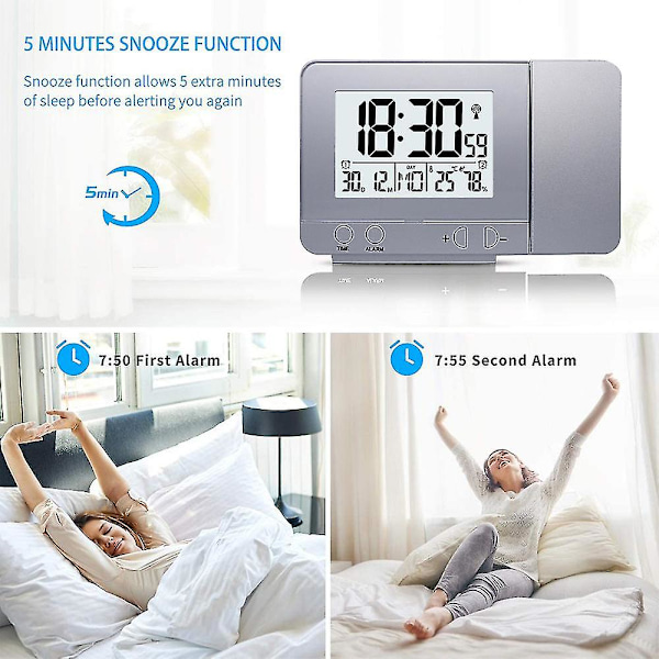 Digital Projektionsväckarklocka för Sovrum, Stor Väckarklocka med Projektion på Tak med USB-Port, Batteribackup, 180-projektor, LED-Display