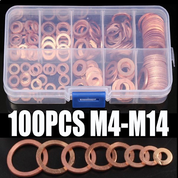 100 st M4-M14 Kopparpackningar Muttrar & Bultar Sats Fästelement Skruvar Brickor Sats