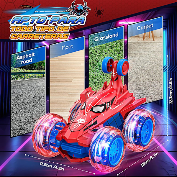 Spiderman RC-bil RC-leksaker, laddningsbar stunt RC-bil med 360 graders flip fyrhjulsdrift hjulbelysning