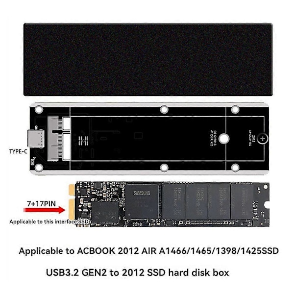 För 2012 Air A1425 A1398 A1465 A1466 SSD-fodral USB3.2 GEN2 6Gbps M.2 SATA SSD-box SSD-kabinett A-C