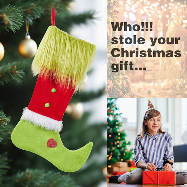 Julklappsstrumpor 2024 Långt Hår Grön Grinch Element Julklappsstrumpor Godispåse Julpynt Presentpåse