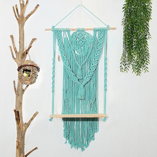 Macrame väggmonterad hylla, Boho inomhus hängande hylla, handgjord Macrame flytande hylla (sjöblå)