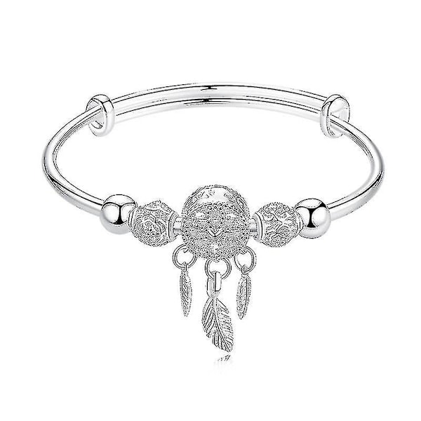 Justerbart 925 Sterling Sølv Dreamcatcher Duske Fjær Rund Perle Charm Armbånd & Bangle - MXBC