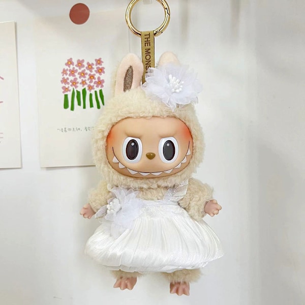Vit plisserad klänning, (endast kläder) 17cm hänge blind box macaron Labubu Labubu Time to chill dockkläder