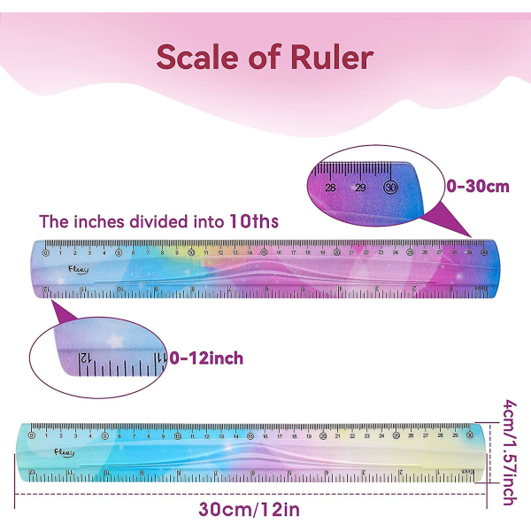 2 st flexibel linjal 30 cm/12 tum Dubbelskala böjbar linjal Pastell klar rak linjal Splittringssäker linjal för