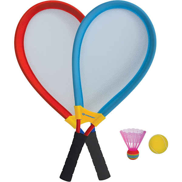 Racketset, jumbobadminton, två extra stora badmintonracketar XL med stretchnät, mjuk boll och färgade fjäderbollar