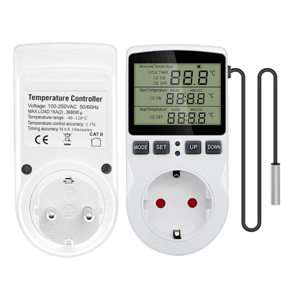 Digital Termostat Temperaturkontroller Sokkel 230v 16a med Sensor Varme Kjøleskap Termostat Regulator