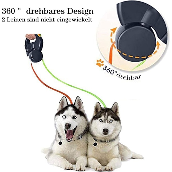 Dubbelt Hundkoppel, infällbart hundkoppel, trasselfri 360 justerbar rotation med reflex