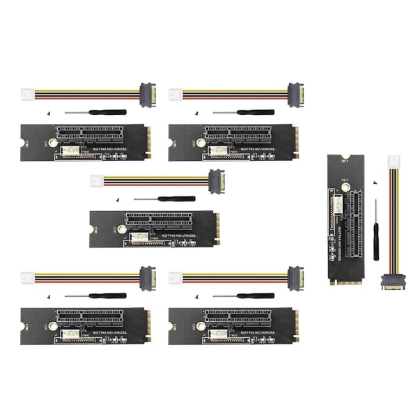 6Sett NGFF M.2 til PCI-E 4X Riser Card M2 Key M til PCIe X4 Adapter med LED-spenningsindikator for ETH-gruvedrift