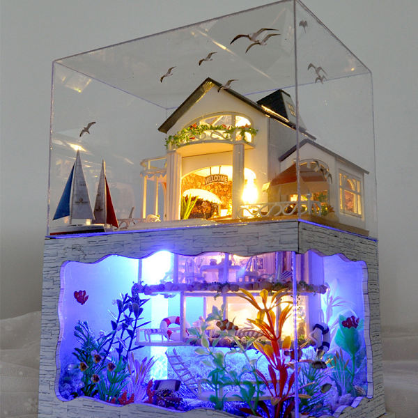 Impression Hawaii DIY stuga vid havet villa rum modell handmonterad träleksak present, kreativt pussel
