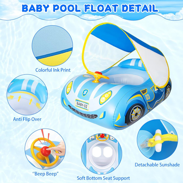 Babysimring med solskydd, babysimring med babysäte för 1-åringar, babysimring med babysäte för 6-månaders bebisar, lämplig för 1-4 år gamla bebisar, blå