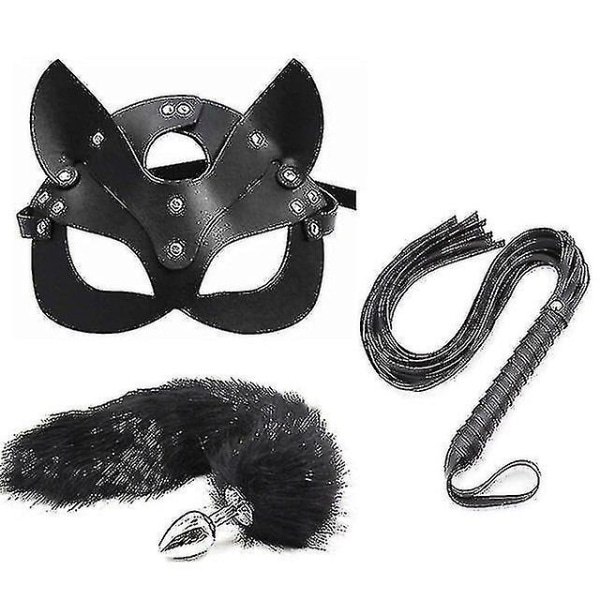 3 st Cosplay rekvisita Whip Cat Mask Fox Tail Dam Ansiktsmask i läder 3 st Set E