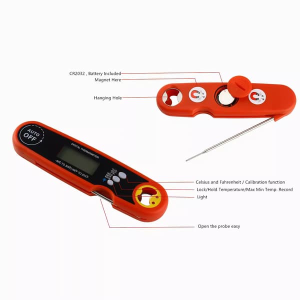 1-pakning, vanntett sammenleggbart elektronisk termometer, kjøkkenmat, probegrilltermometer