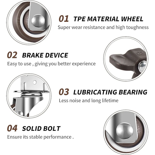 Sett med 4 små møbelhjul, 25 mm med brems, L-formet monteringsplate, egnet for møbler, blomsterstativer, barnehager (25 mm)-mxbc
