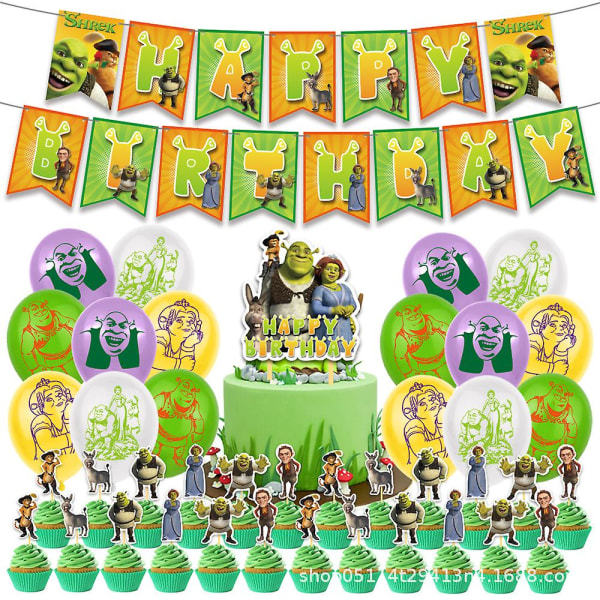 Shrek Tema Barn Födelsedag Dekor Ballonger Banner Cake Topper Set Party Supplies