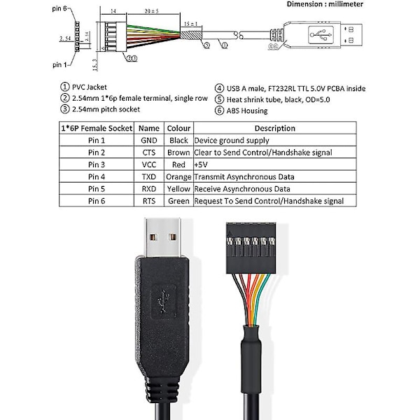 USB till TTL seriell 5V adapterkabel 6 stift 0,1 tum delning honkontakt UART IC FT232RL chip 1