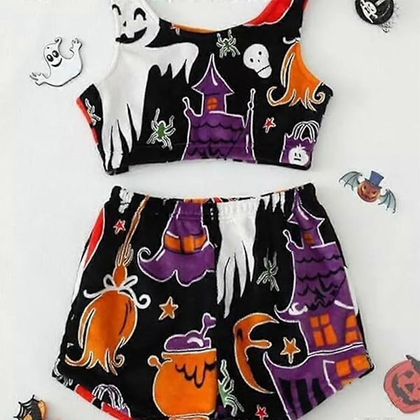 Spooky Vest Pyjamasetti, Naisten Halloween-kuvio Hehkuu Pimeässä, Valoisat Pyjamasetti, S