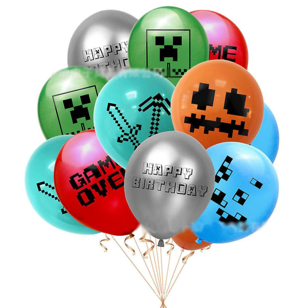Minecraft speltema Grattis på födelsedagen Party Dekoration Ballong Banner Bakgrund Tyg Cake Toppers Set