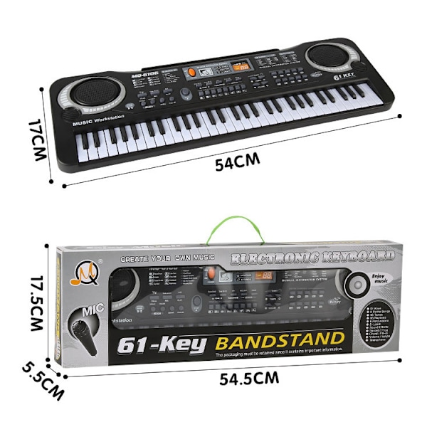 Elektronisk piano for barn, musikkinstrument, 61 tangenter, multifunksjonelt med mikrofon, leketøygave, piano med strømforsyning