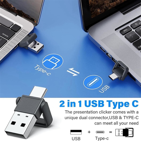 2-i-1 USB presentationsklicker typ C, laddningsbar trådlös presentationsfjärrkontroll, klicker för Powerpo