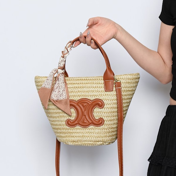 Håndtaske i strå til kvinder, strandtaske til kvinder, rattan taske stor strandtaske, brun 1 stk