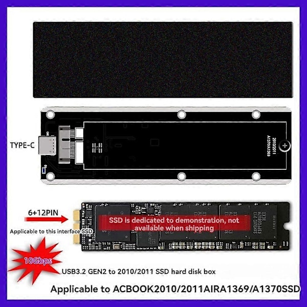 Kotelo 2010 ja 2011 Air A1369 A1370 SSD-levyille, USB3.2 GEN2 - 12+6Pin M.2 SATA SSD-kotelo 6Gbps M2 SSD B