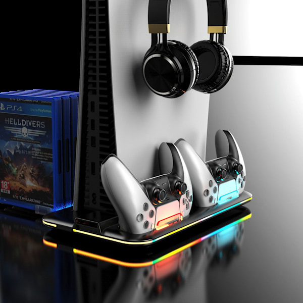 PS5 spillkonsoll ladestasjon med RGB-belysning, ladestativ for spillkontrollere, hodetelefoner og spillskiveoppbevaring