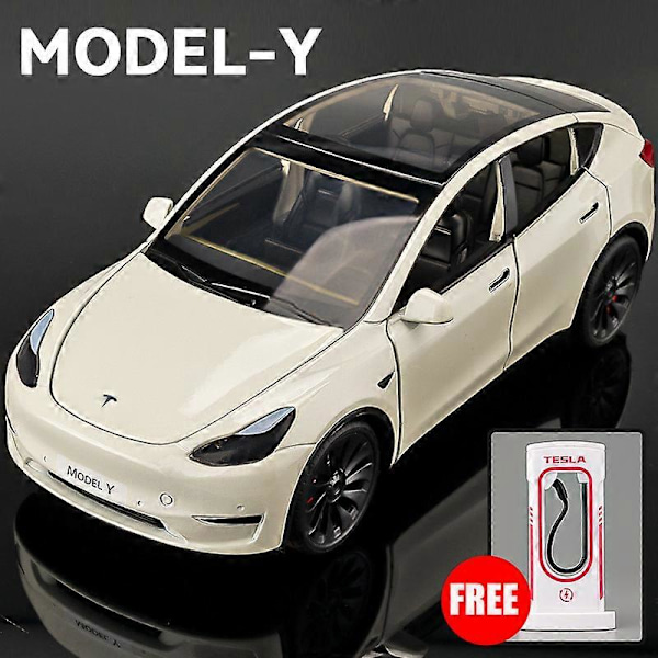 1:24 Tesla Model Y Model 3 Opladningsbase Legering Støbt Legetøjsbil Model Lyd og Lys Børnelegetøj Samlerobjekt Fødselsdagsgave