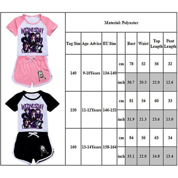 Børn Piger onsdag The Addams Kortærmede T-shirt-shorts med tryk, fritidstøj Sæt Pyjamas 9-14 år