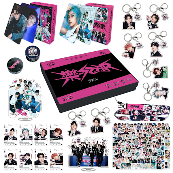 Stray Kids album ＜yue-STAR＞ periferi album leveres med en stor gaveæske, klistermærker, nøglering, lille kort gavepakke