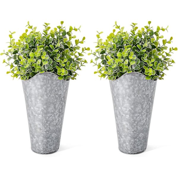 2-pack galvaniserade metallväggkrukor med konstgjord eukalyptus i bondgårdsstil, hängande väggvaser, blomkrukor, blomhållare för lantlig rustik heminredning