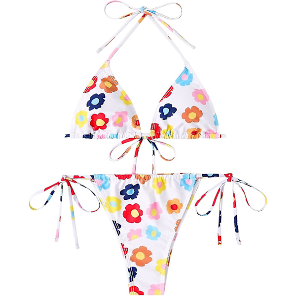 Kvinners Blomstermønster Bikinisett Halter Tie Side Triangle Sexy Badedrakter-mxbc