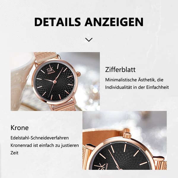 Damklocka, kreativ damklocka, märkesklocka, meshklocka, äkta läder