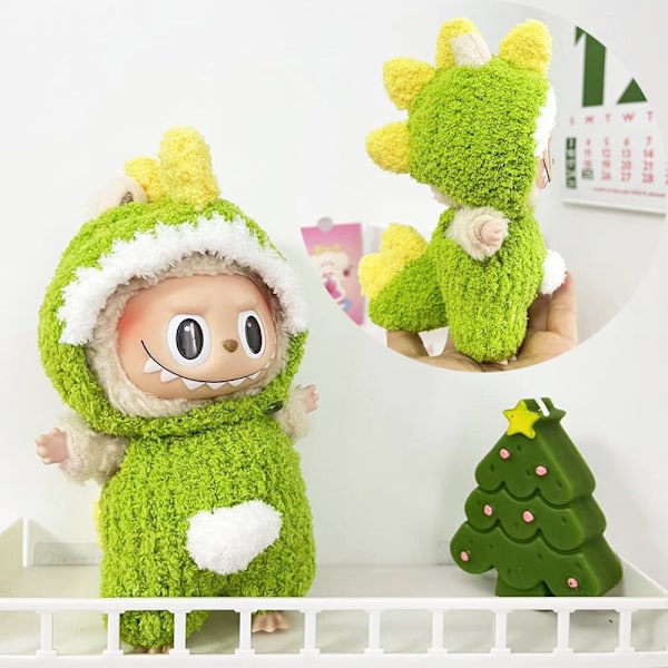 Molnigt sammetgrön dinosaurie, (endast kläder) 17cm hänge blindbox macaron Labubu Labubu Time to chill dockkläder